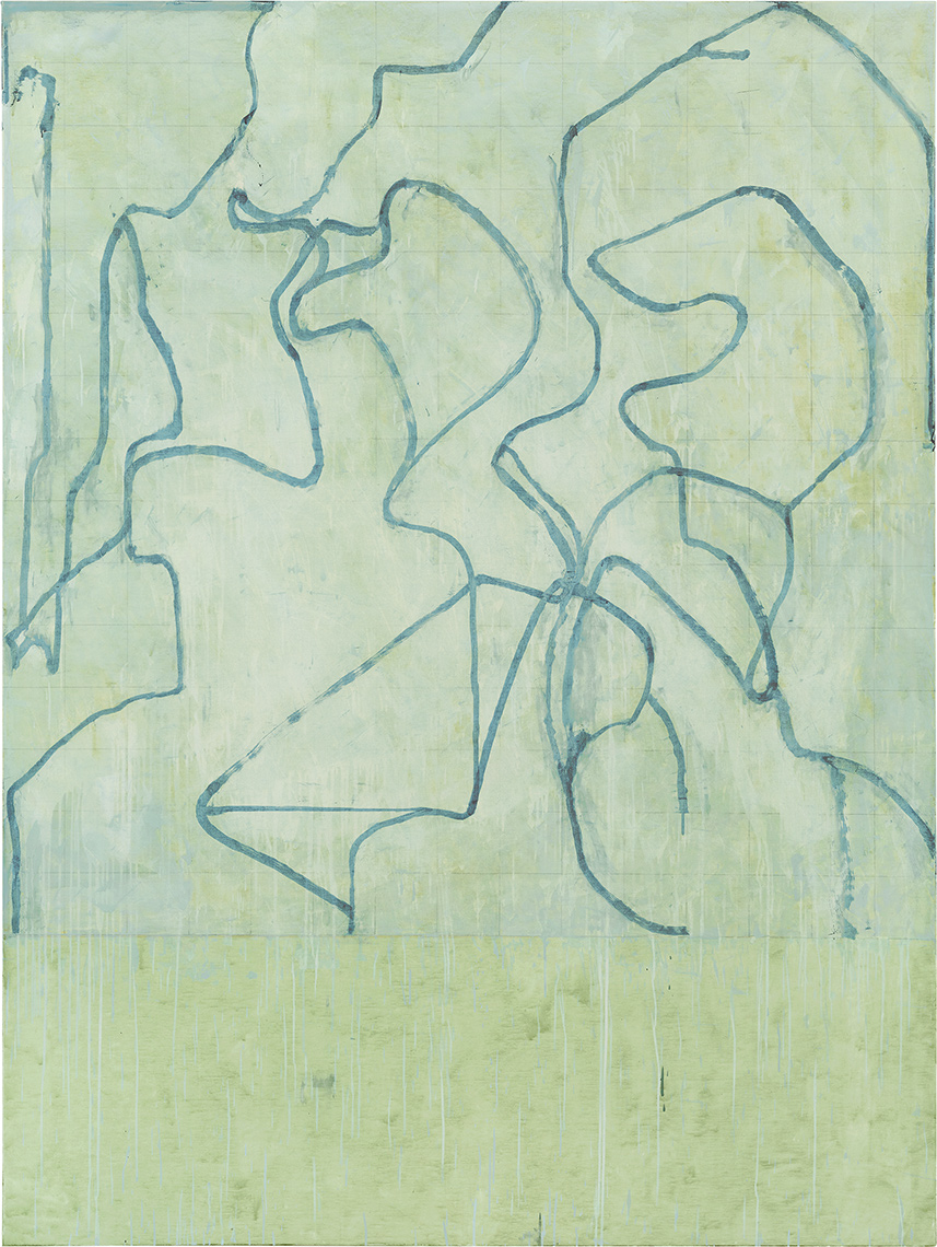 Oil and graphite on linen painting featuring a sinuous network of linear blue brushstrokes on top of a light green, washy background with a faint, allover square grid pattern